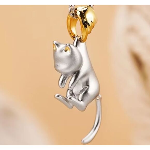 Brushed Silver Cat Swinging Tail Hanging from Gold Clasp Necklace - Picture 2 of 6